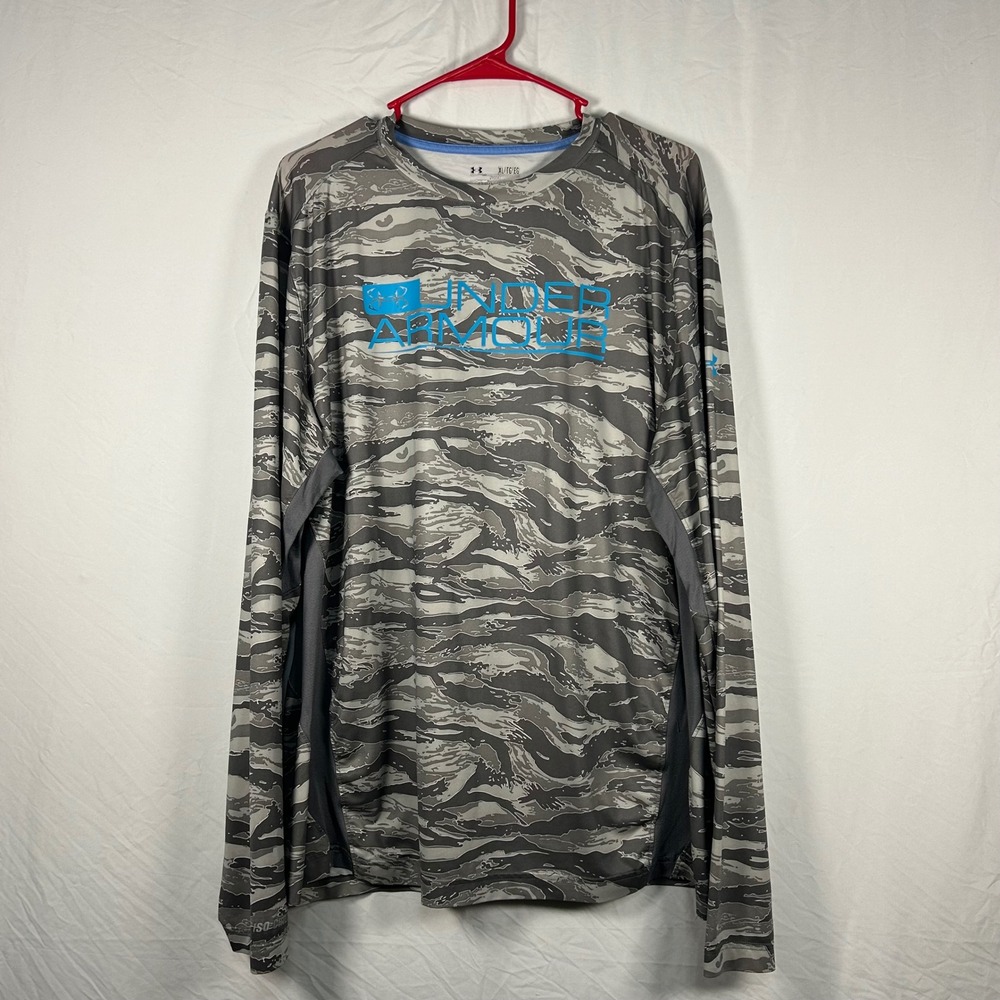Under Armour Shirt Mens XL Grey Tiger Stripe Camo HeatGear Long Sleeve Loose Fit